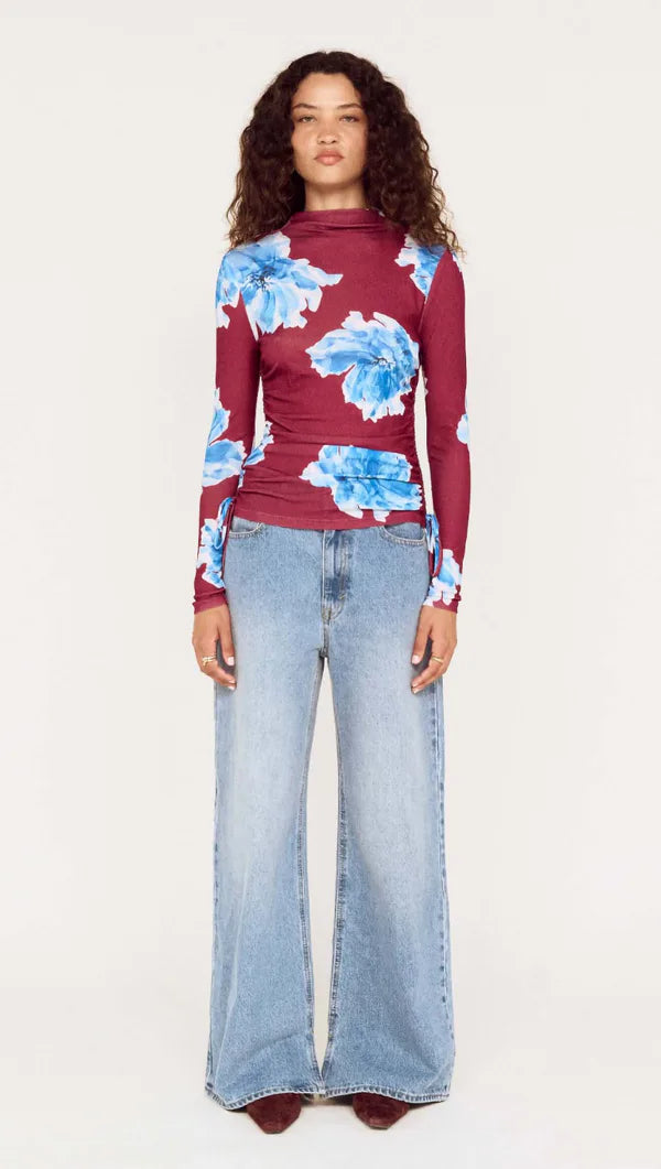 Staple The Label Fiorella Mesh Top - Wine/Blue Floral