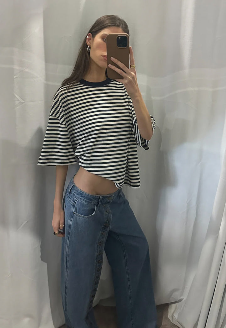 Lioness Bloom Short Sleeve - White Navy Stripe