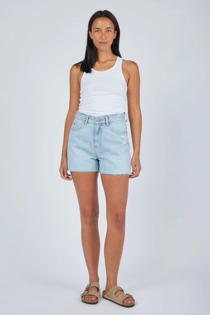 Dr Denim Nora Denim Shorts - Stream Light Worn Raw Hem