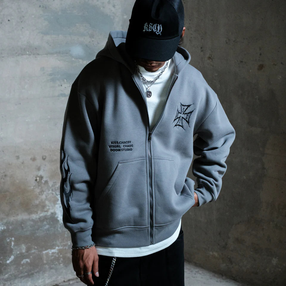 Kiss Chacey Blaze Relaxed Zip Hoodie - Pigment Steel Grey