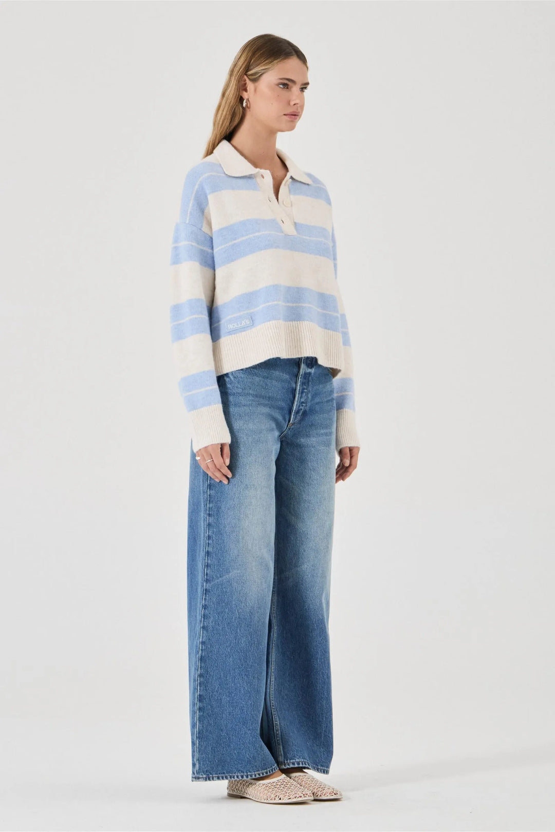 Rollas Sofia Stripe Polo Knit - Soft Blue