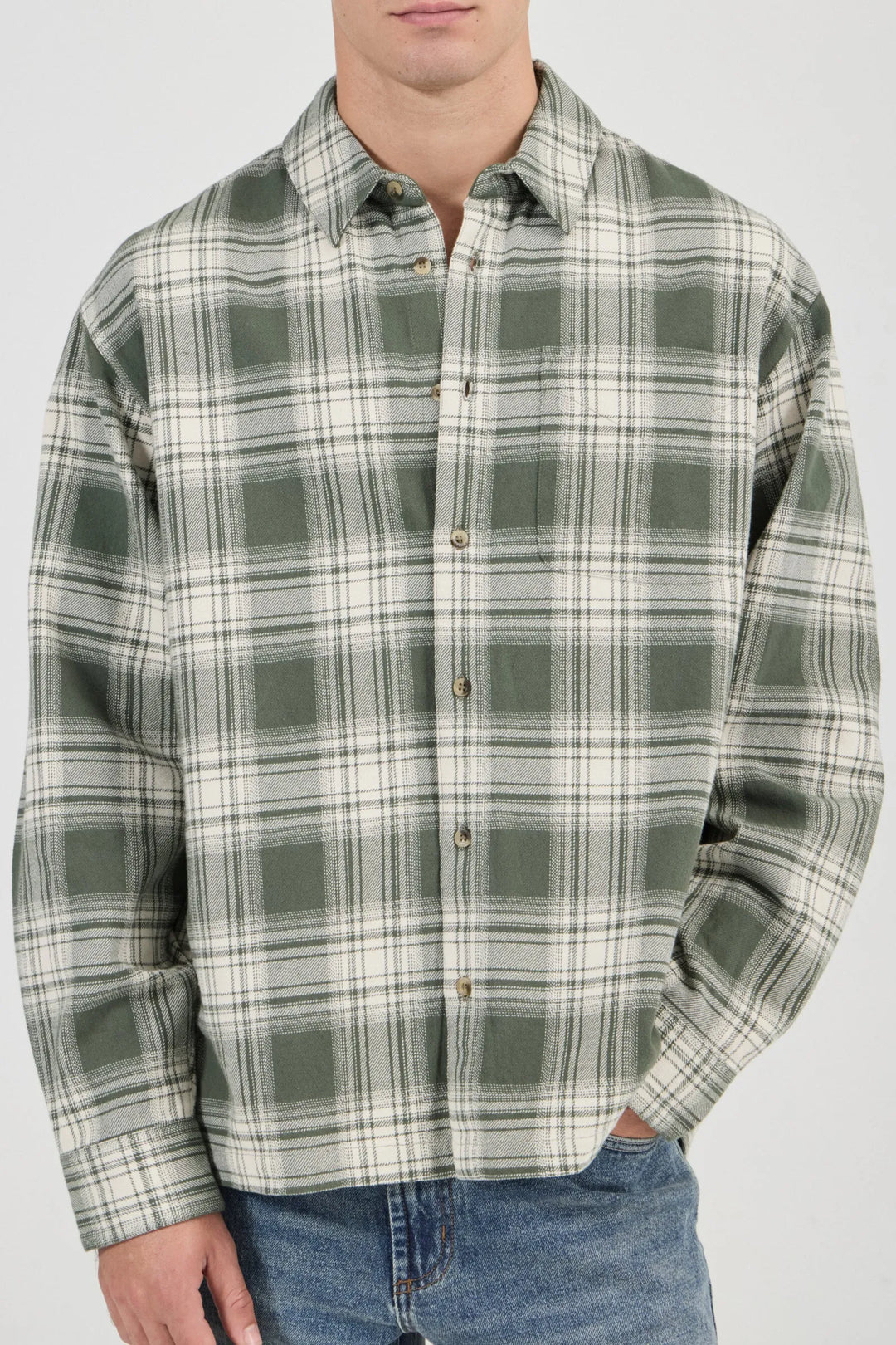 Rollas Campus Heavy Check LS Shirt - Olive