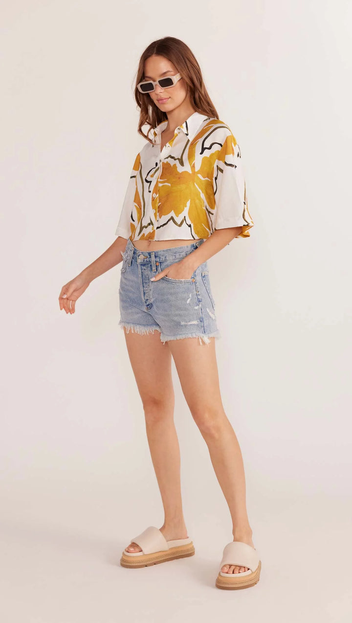 MinkPink Zuri Crop Shirt - White Palm Print