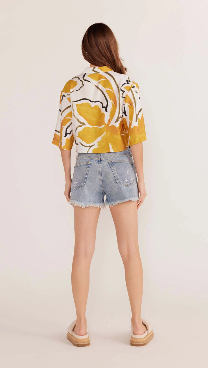 MinkPink Zuri Crop Shirt - White Palm Print