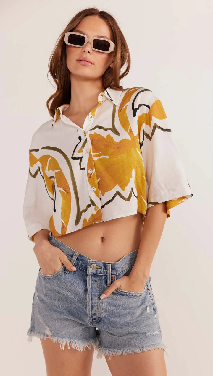 MinkPink Zuri Crop Shirt - White Palm Print