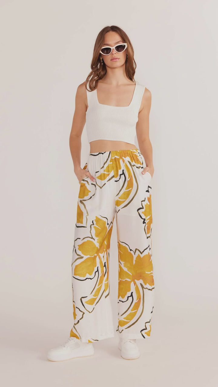 MinkPink Zuri Wide Leg Pant - White Palm Print