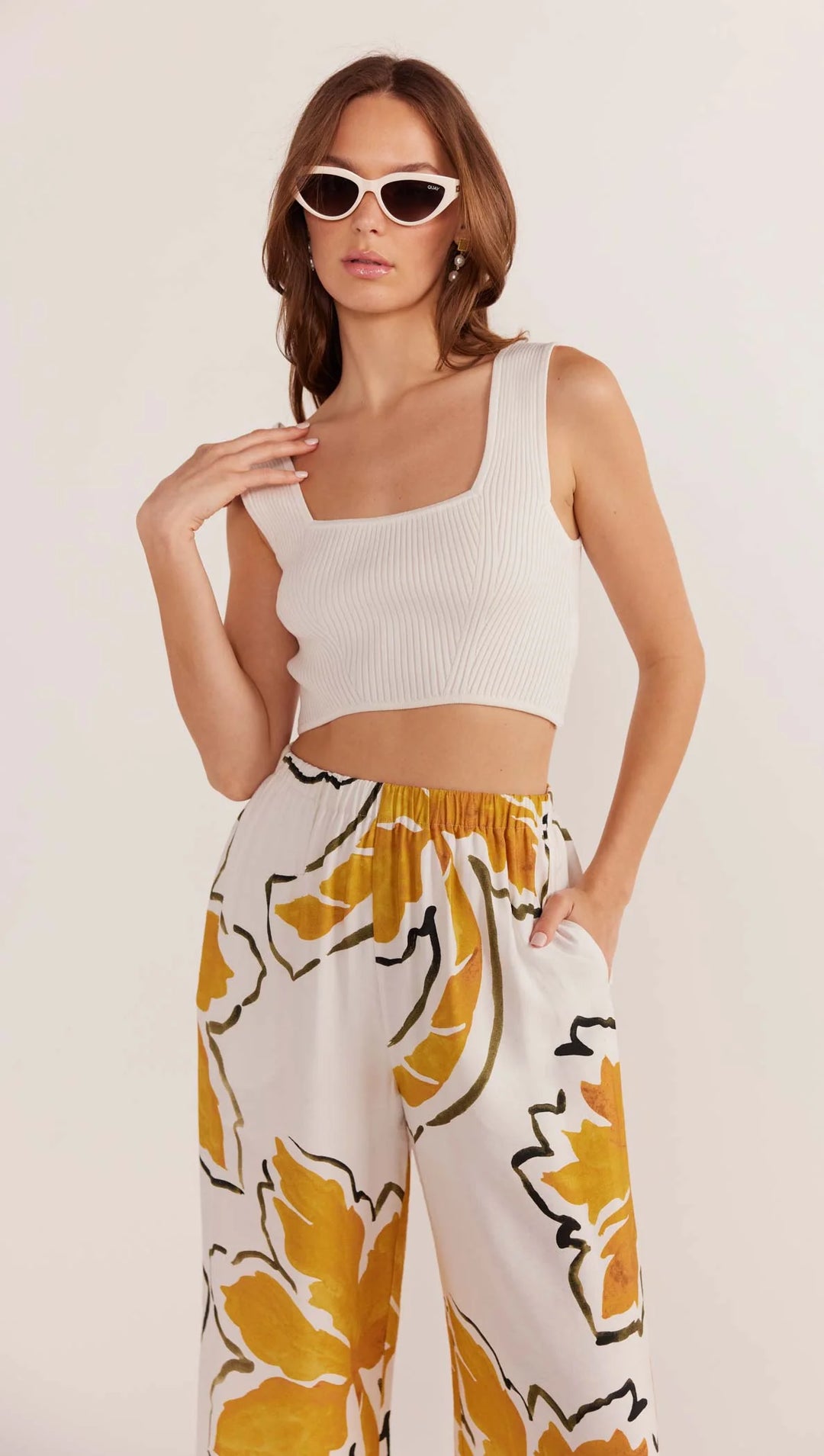 MinkPink Zuri Wide Leg Pant - White Palm Print