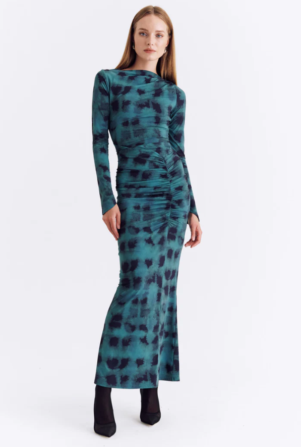 Suboo Shibori Long Sleeve Ruched Maxi Dress - Deep Green