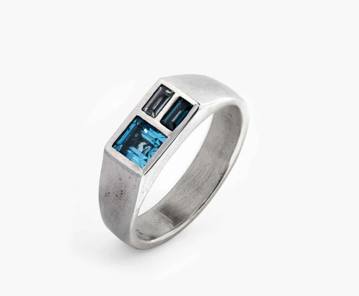 Sue The Boy Rock Pools Mens Ring-Sterling Silver/Aquamarine & Light Swiss Topaz
