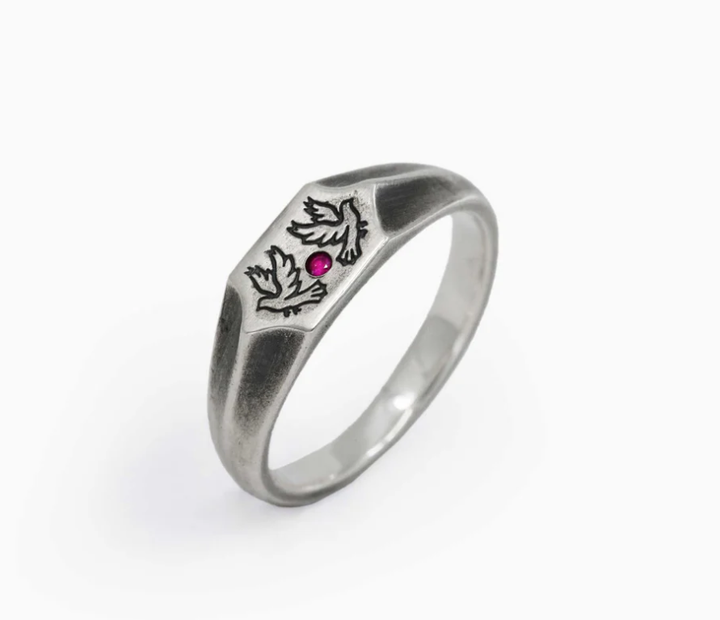 Sue The Boy 2 Birds 1 Stone Mens Ring-Sterling Silver/Ruby