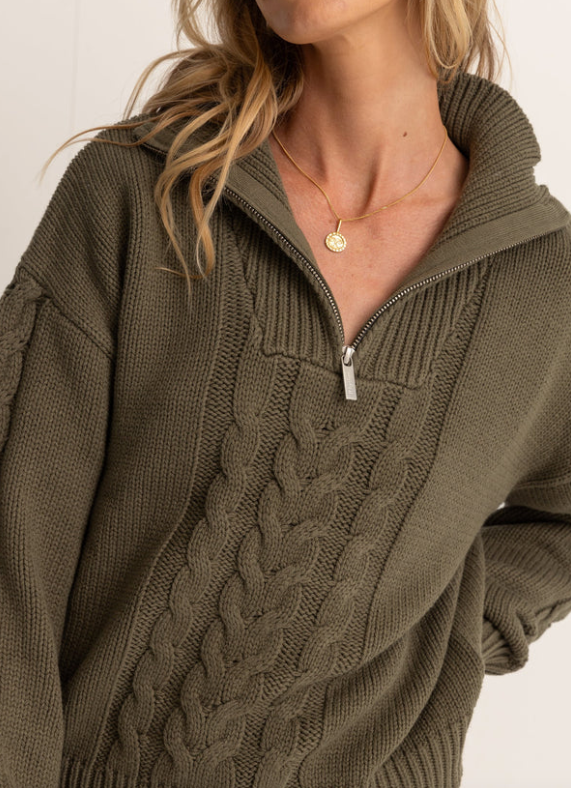 Rhythm Cabelled Vintage Zip Knit - Olive