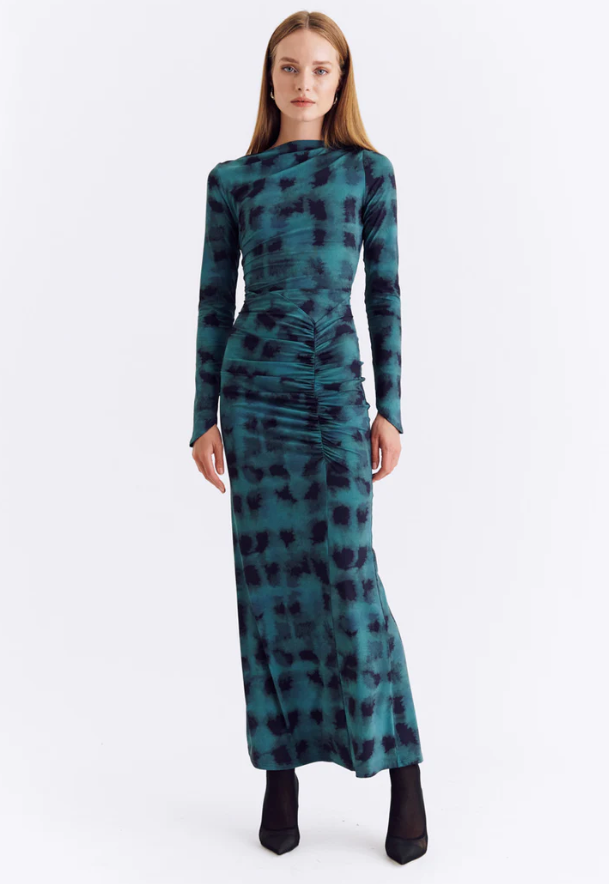 Suboo Shibori Long Sleeve Ruched Maxi Dress - Deep Green