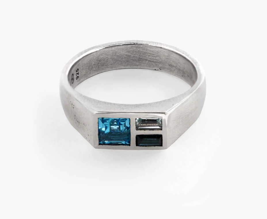 Sue The Boy Rock Pools Mens Ring-Sterling Silver/Aquamarine & Light Swiss Topaz