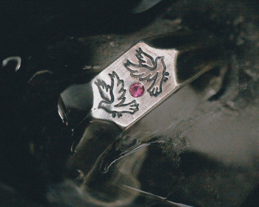 Sue The Boy 2 Birds 1 Stone Mens Ring-Sterling Silver/Ruby