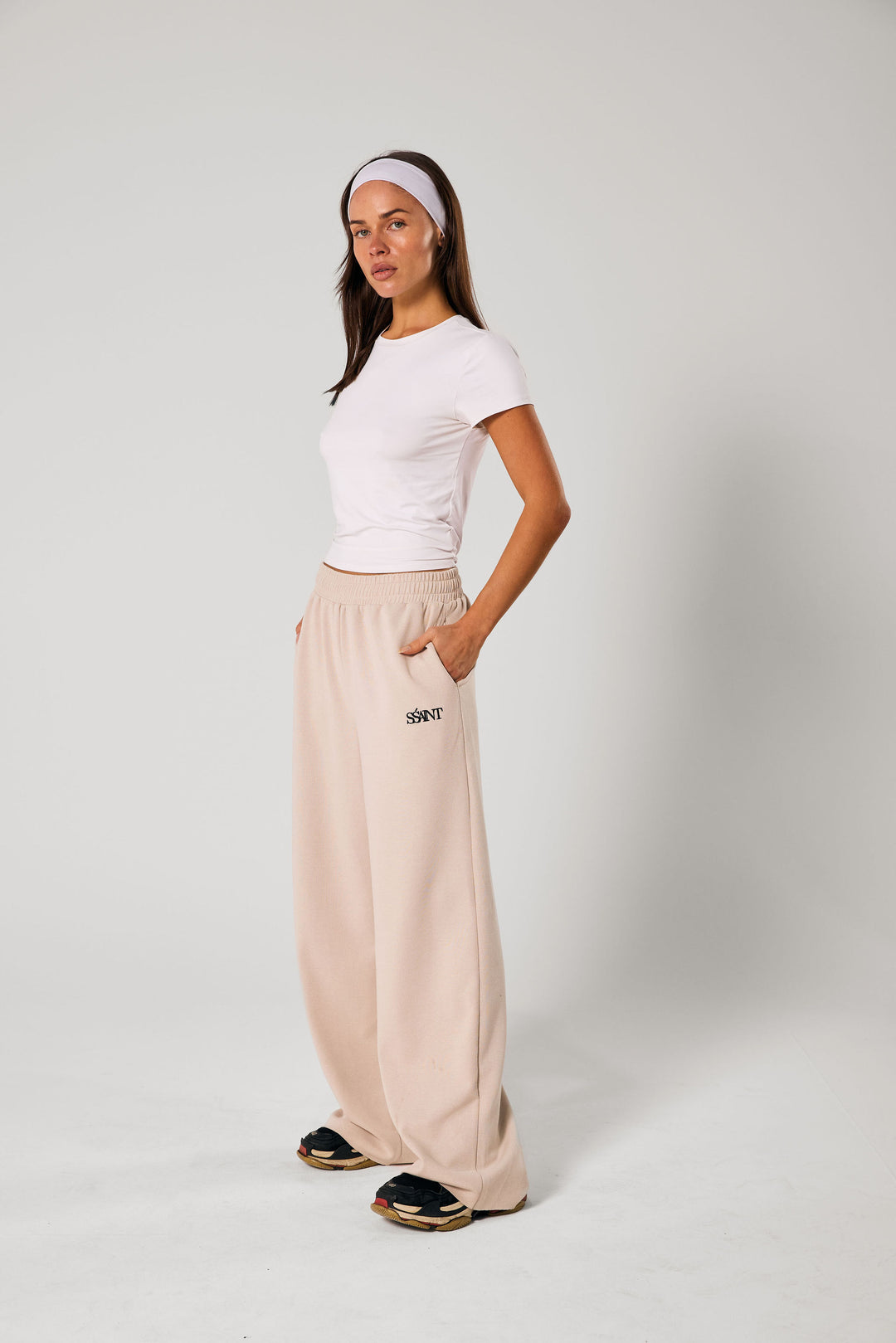 SŚAINT Lounge Pants - Taupe With Chocolate Brown Logo