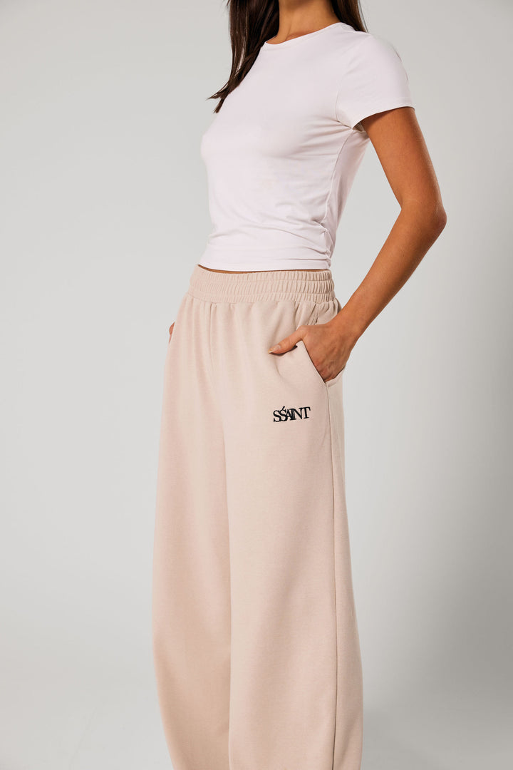 SŚAINT Lounge Pants - Taupe With Chocolate Brown Logo