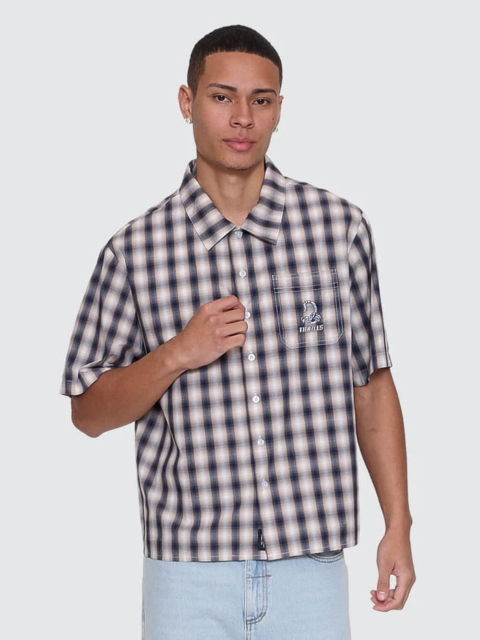 Thrills Paradise Falling Short Sleeve Cropped Check Work Shirt - Navy