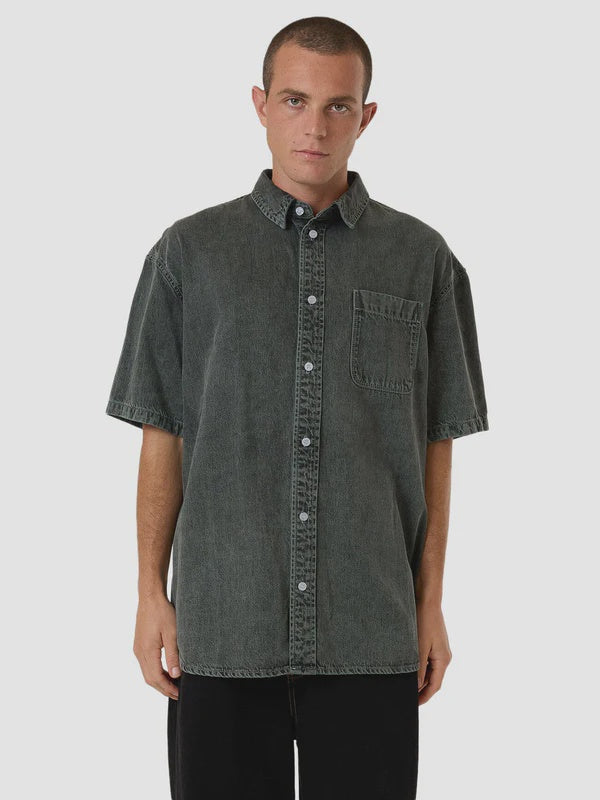 Thrills Canyon Oversize Short Sleeve Denim Shirt - Dark Forest