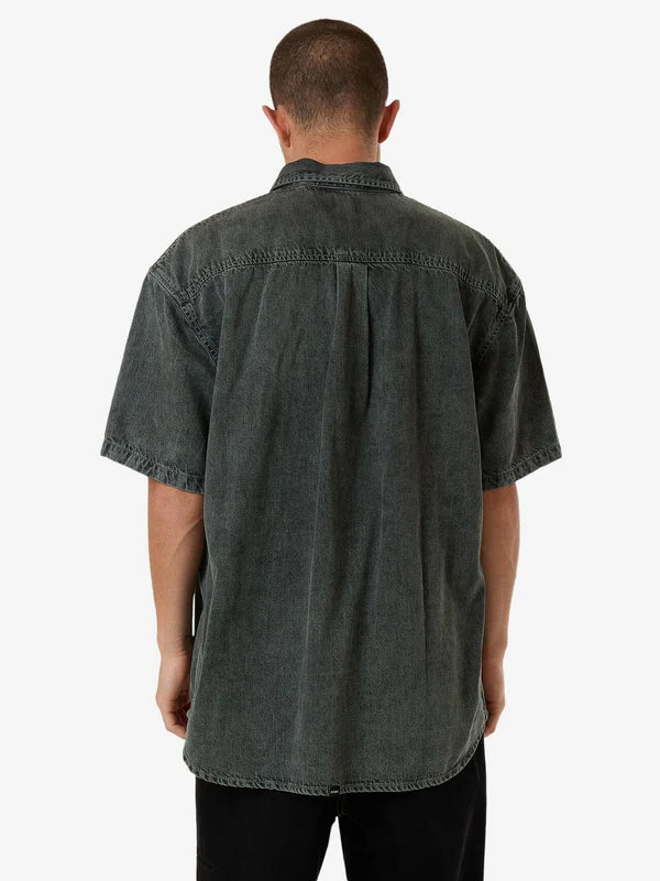 Thrills Canyon Oversize Short Sleeve Denim Shirt - Dark Forest