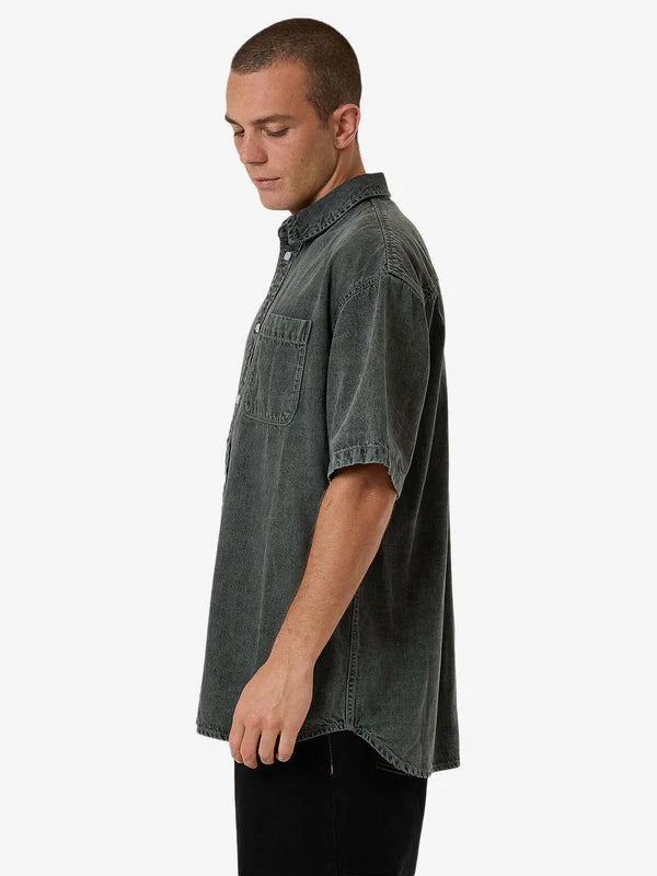 Thrills Canyon Oversize Short Sleeve Denim Shirt - Dark Forest