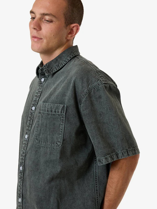 Thrills Canyon Oversize Short Sleeve Denim Shirt - Dark Forest