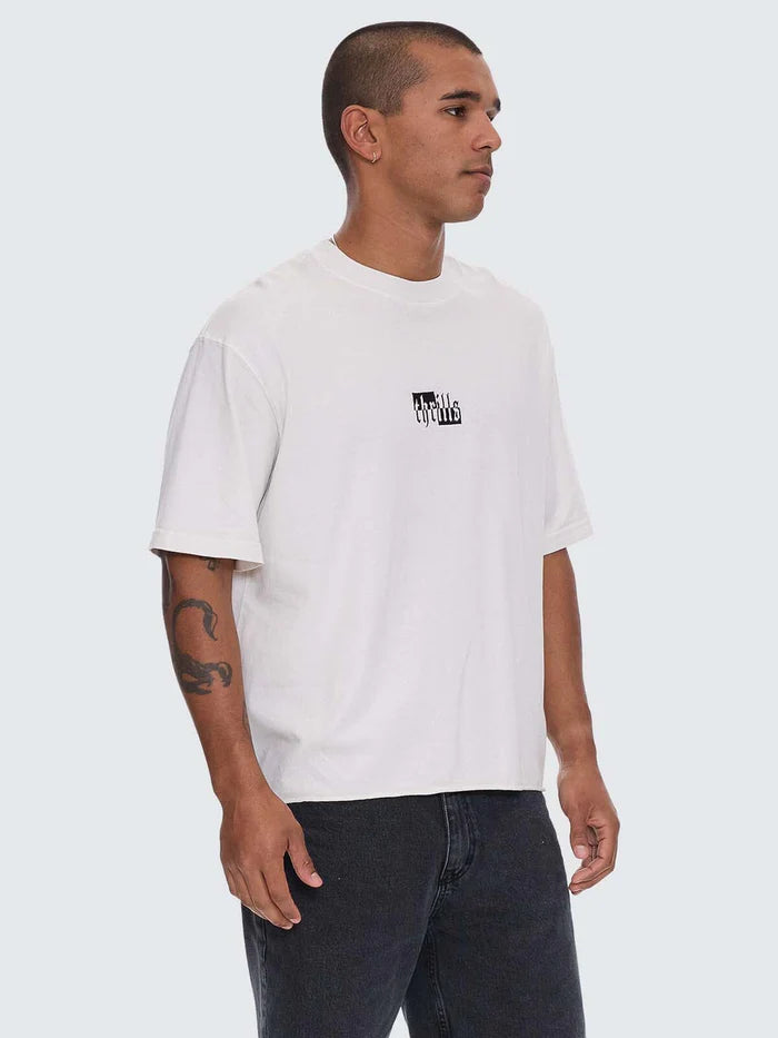 Thrills Excitement Excitement Embro Box Fit Oversize Cropped Raw Hem Tee-Lily White