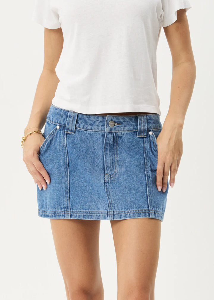 Afends Lexi Denim Mini Skirt-Worn Blue