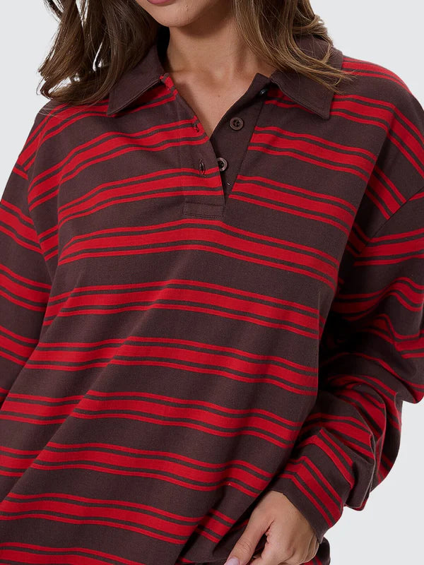 Thrills Conditions Apply Stripe Long Sleeve Polo - Bitter Chocolate