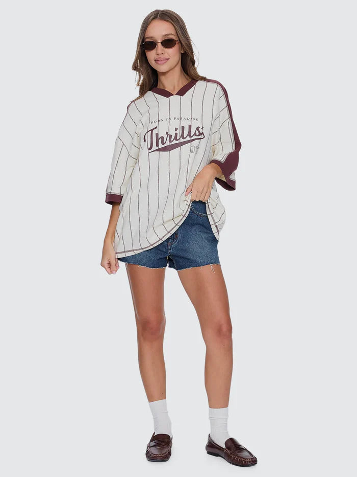 Thrills Baseline Stripe V-Neck Club Tee - Butter Cream