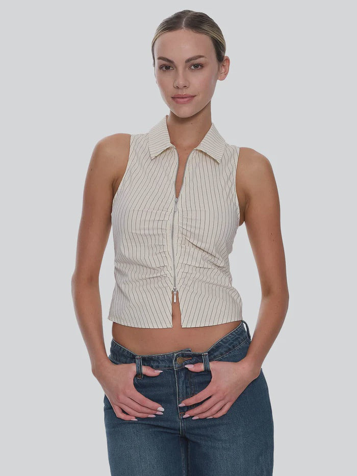 Thrills Andy Zip Sleveless Shirt - Butter Cream Stripe