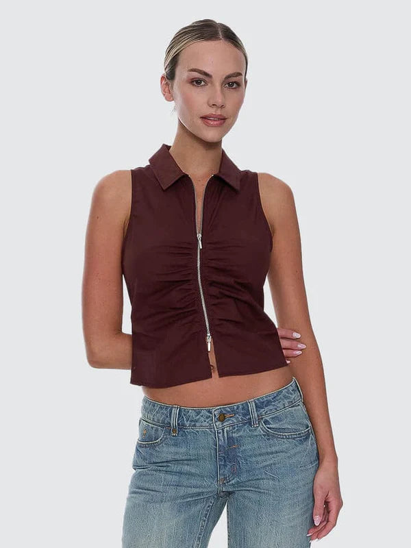 Thrills Andy Zip Sleveless Shirt - Bitter Chocolate