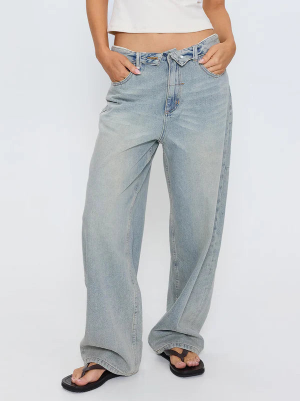 Thrills Murphy Folded Waist Baggy Denim Jean - Light Granite Blue