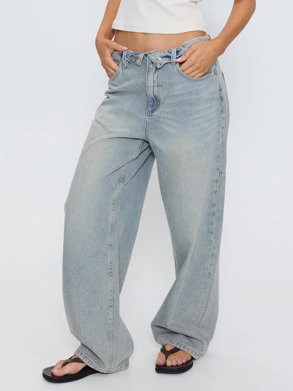 Thrills Murphy Folded Waist Baggy Denim Jean - Light Granite Blue