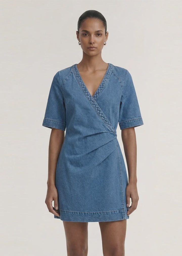 Staple The Label Ari Wrap Denim Dress - Mid Blue