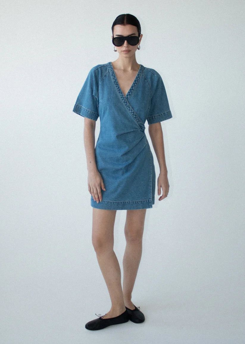 Staple The Label Ari Wrap Denim Dress - Mid Blue