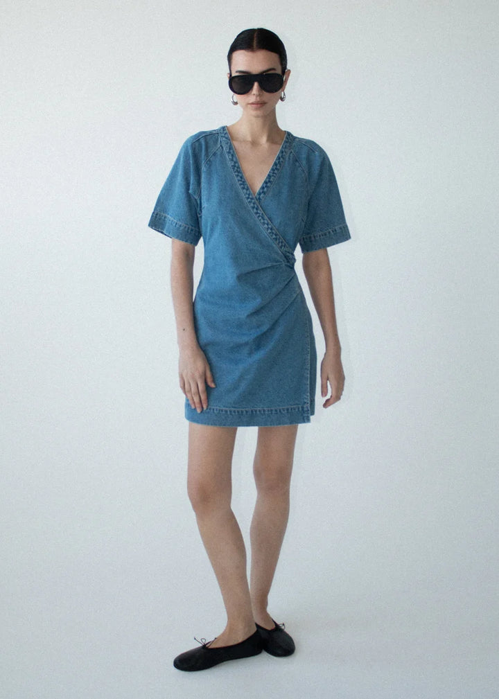 Staple The Label Ari Wrap Denim Dress - Mid Blue