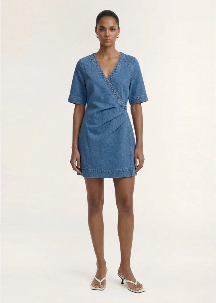 Staple The Label Ari Wrap Denim Dress - Mid Blue