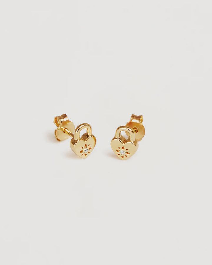 By Charlotte Crystal Lotus Heart Padlock Stud Earrings - 18k Gold Vermeil