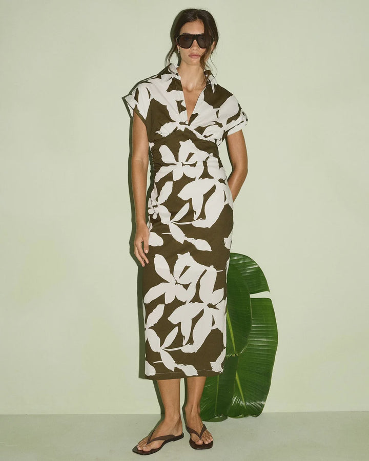 Staple The Label Liora Shirt Midi Dress - Khaki/Cream