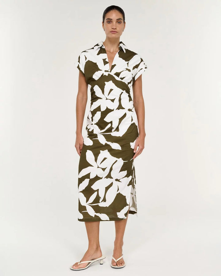 Staple The Label Liora Shirt Midi Dress - Khaki/Cream