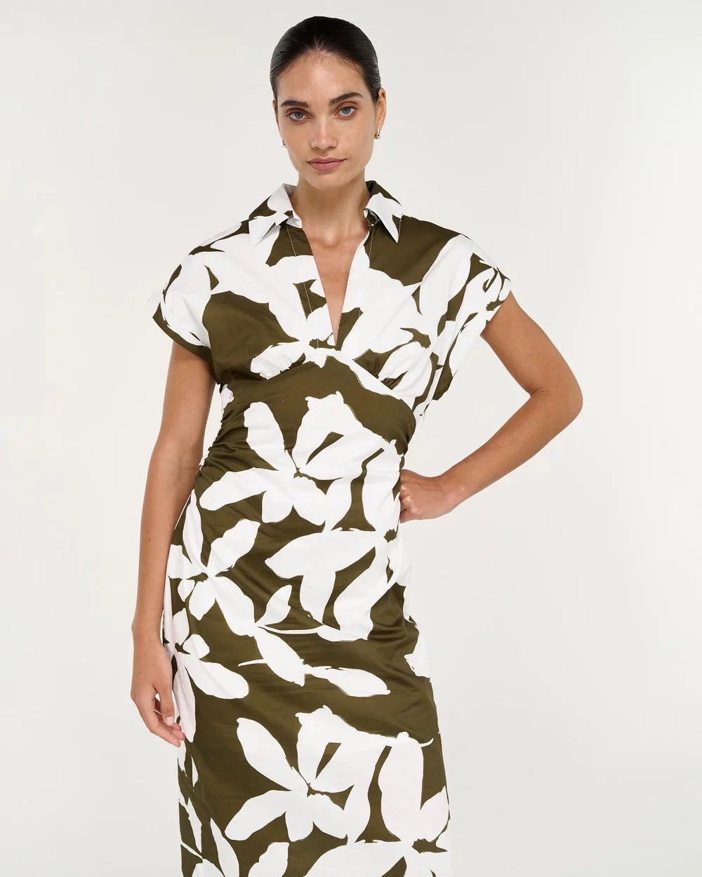 Staple The Label Liora Shirt Midi Dress - Khaki/Cream
