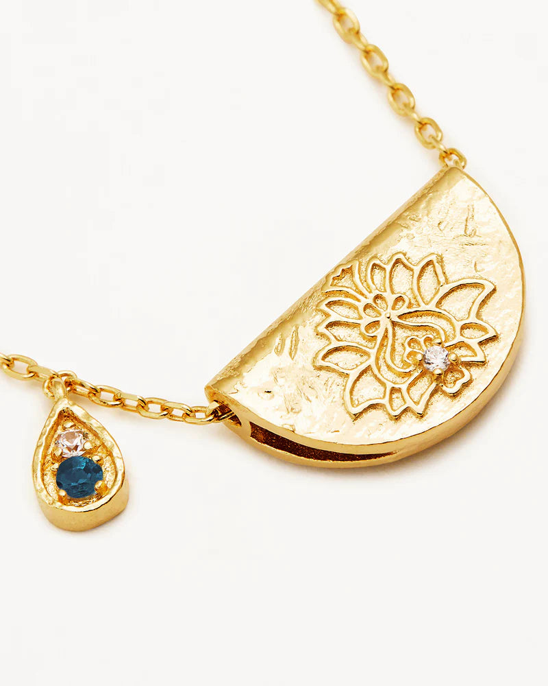By Charlotte 18k Gold Vermeil Lotus Birthstone Necklace - December/Blue Topaz