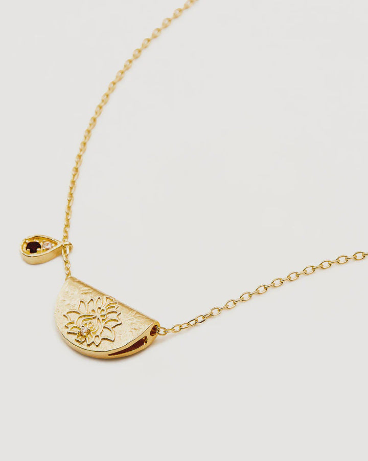 By Charlotte 18k Gold Vermeil Lotus Birthstone Necklace - January/Garnet