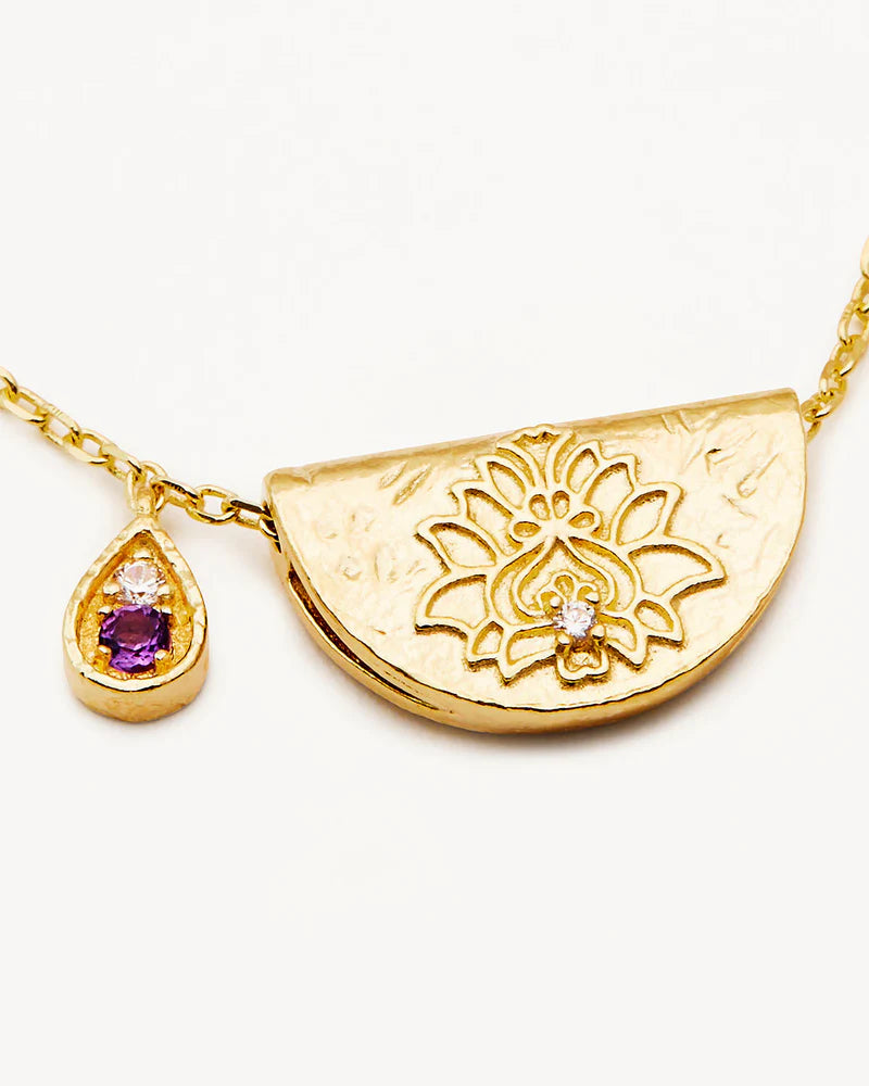 By Charlotte 18k Gold Vermeil Lotus Birthstone Necklace - February/Amethyst