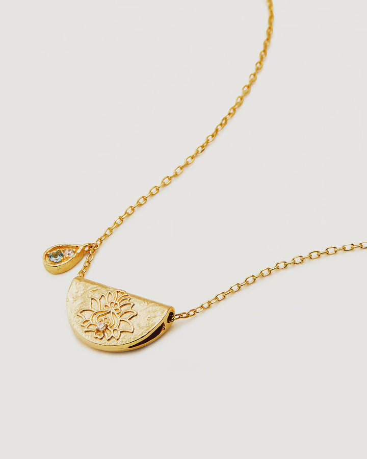 By Charlotte 18k Gold Vermeil Lotus Birthstone Necklace - March/Aquamarine