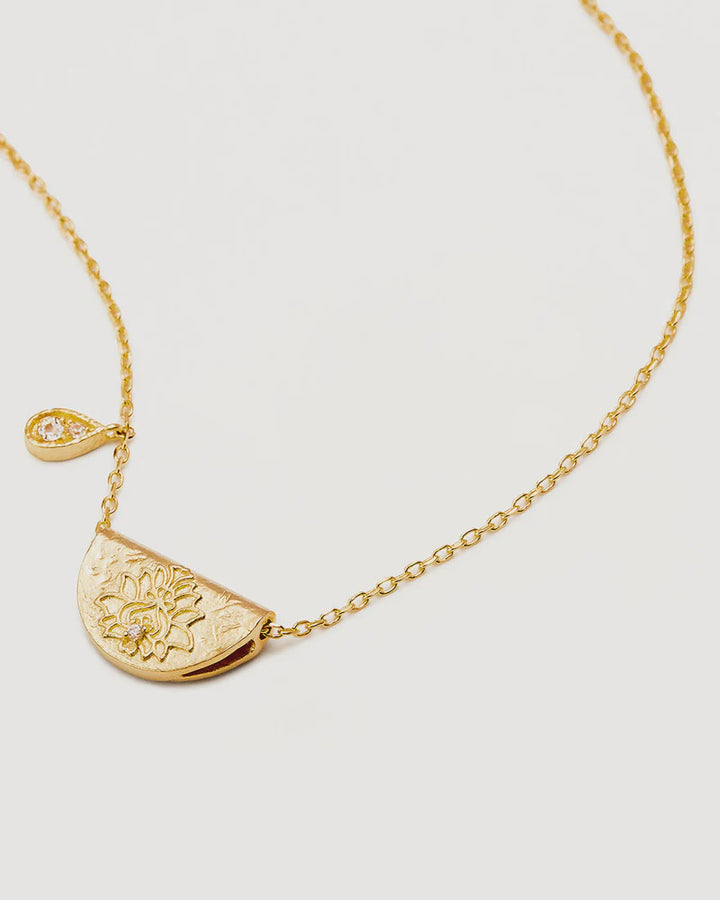 By Charlotte 18k Gold Vermeil Lotus Birthstone Necklace - April/White Topaz