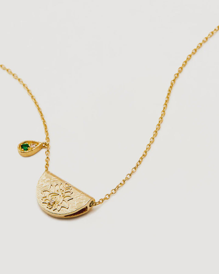 By Charlotte 18k Gold Vermeil Lotus Birthstone Necklace - May/Emerald