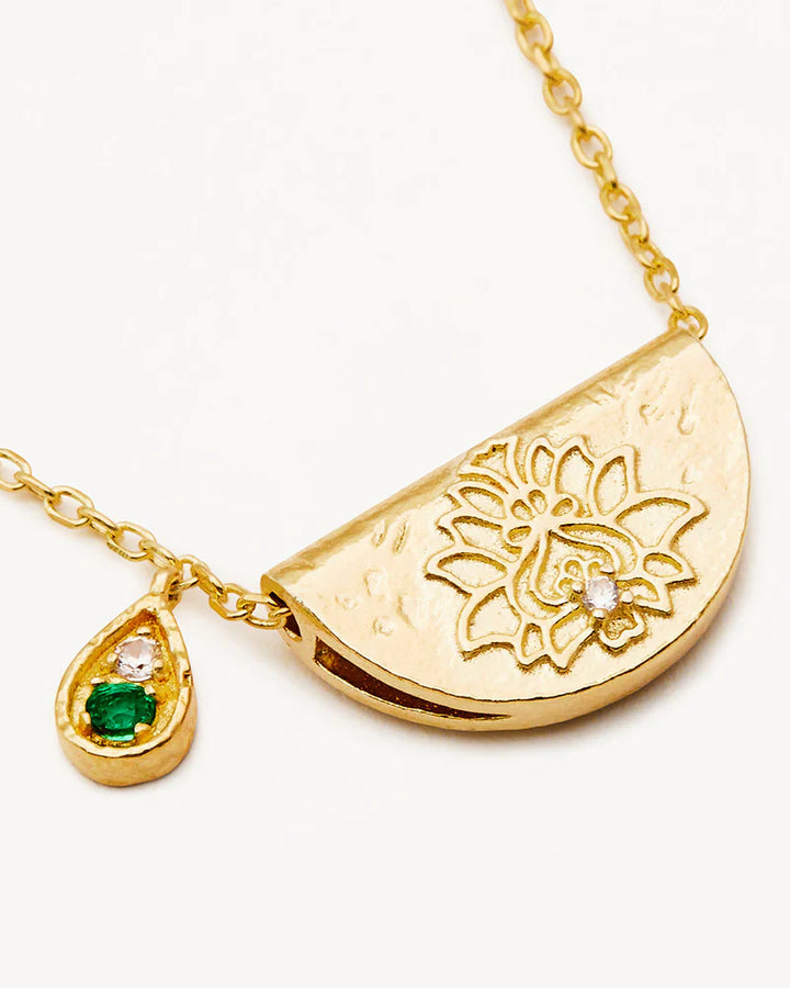By Charlotte 18k Gold Vermeil Lotus Birthstone Necklace - May/Emerald