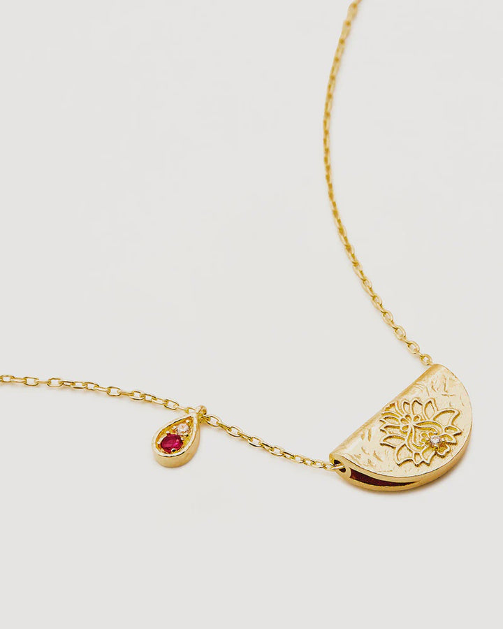 By Charlotte 18k Gold Vermeil Lotus Birthstone Necklace - July/Ruby