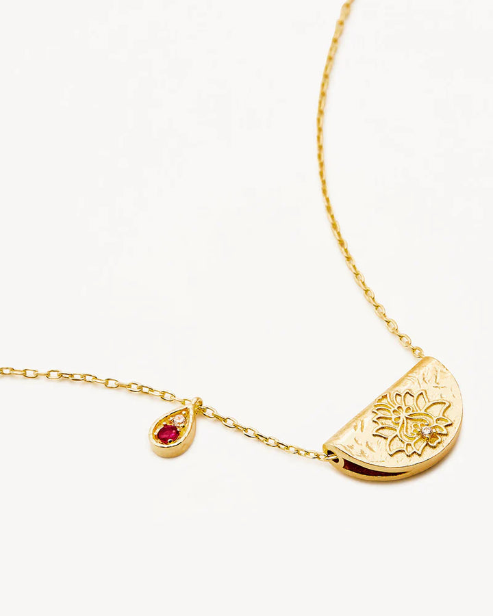 By Charlotte 18k Gold Vermeil Lotus Birthstone Necklace - July/Ruby